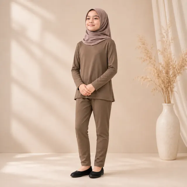 Setelan Manset & Legging Anak Usia 1–9 tahun Premium Spandex Rayon Adem Stretch Warna Coklat