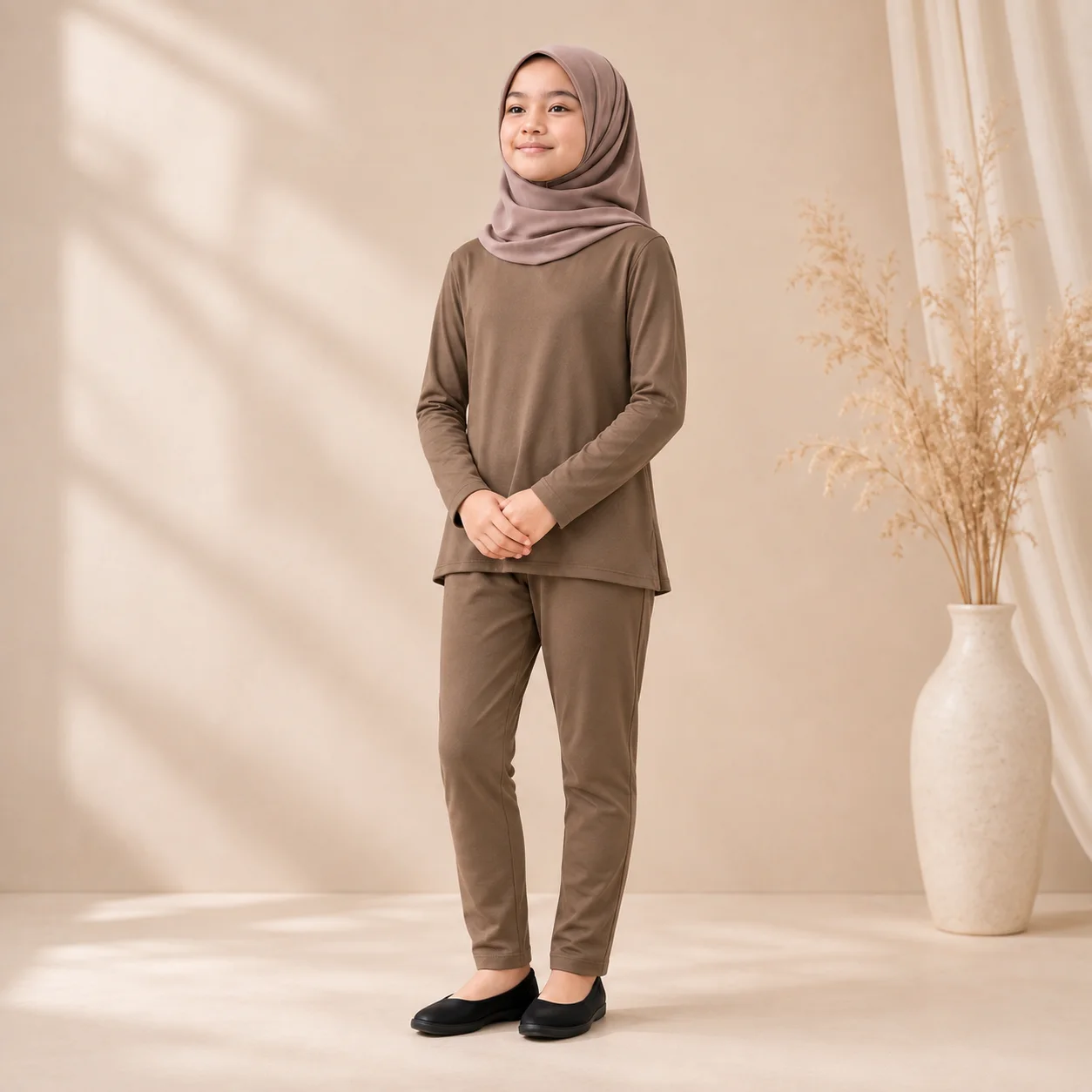 Setelan Manset & Legging Anak Usia 1–9 tahun Premium Spandex Rayon Adem Stretch Warna Coklat