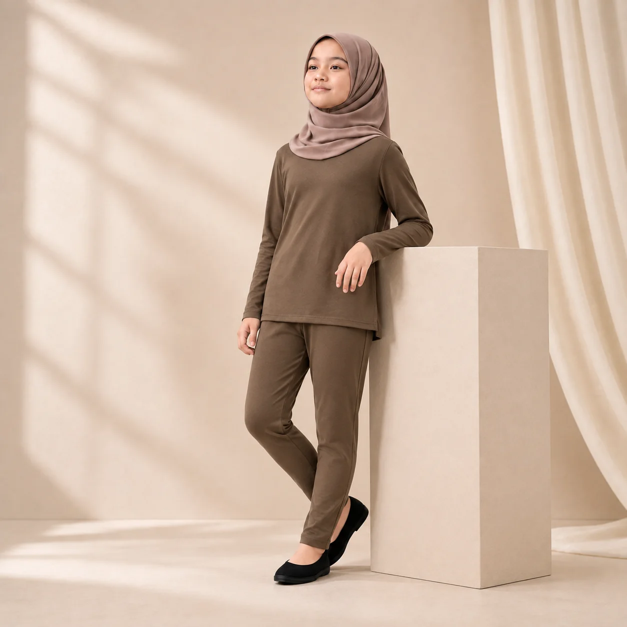 Setelan Manset & Legging Anak Usia 1–9 tahun Premium Spandex Rayon Adem Stretch Warna Coklat
